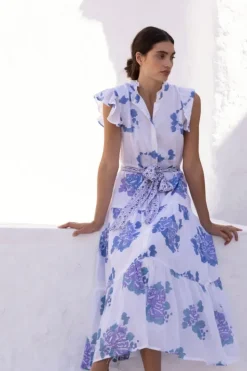 Discount Ruffle Collar Button Maxi- Portofino Blue Maxis|Dresses