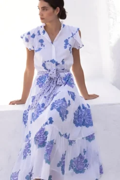 Discount Ruffle Collar Button Maxi- Portofino Blue Maxis|Dresses