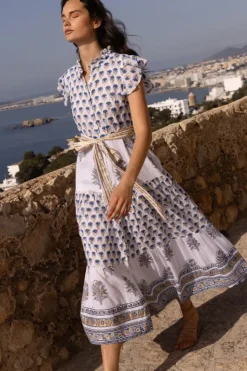 New Ruffle Collar Button Maxi- Lotus Navy Maxis|Dresses