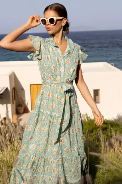 New Ruffle Collar Button Maxi- Mughal Green Maxis|Dresses
