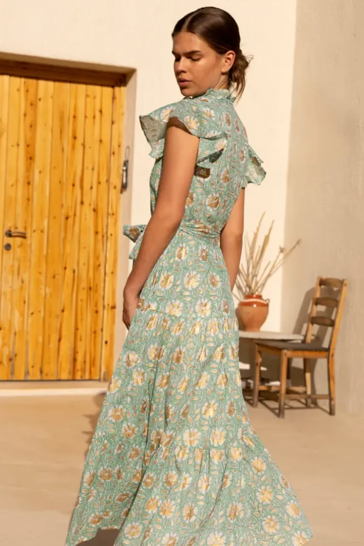 New Ruffle Collar Button Maxi- Mughal Green Maxis|Dresses