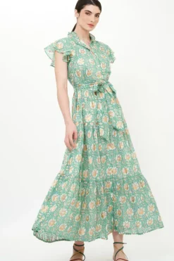 New Ruffle Collar Button Maxi- Mughal Green Maxis|Dresses