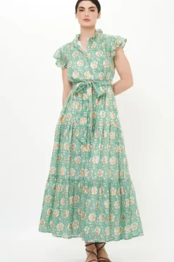 New Ruffle Collar Button Maxi- Mughal Green Maxis|Dresses