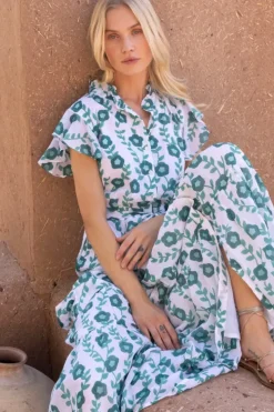 Discount Ruffle Collar Button Maxi- Toscana Green Maxis|Dresses