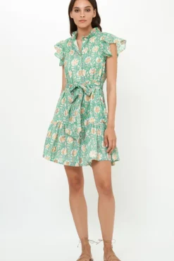 New Ruffle Collar Button Mini- Mughal Green Short & Mini Dresses|Dresses