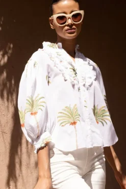 New Ruffle Front Button Blouse- Canary Green Tops