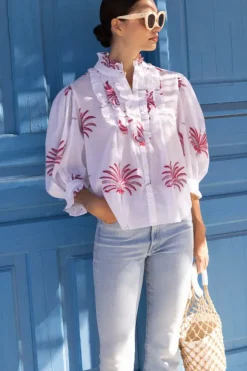 New Ruffle Front Button Blouse- Canary Coral Tops