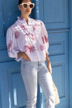 New Ruffle Front Button Blouse- Canary Coral Tops