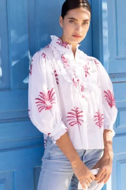 New Ruffle Front Button Blouse- Canary Coral Tops