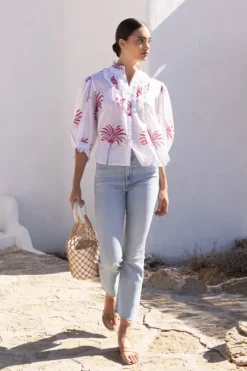 New Ruffle Front Button Blouse- Canary Coral Tops