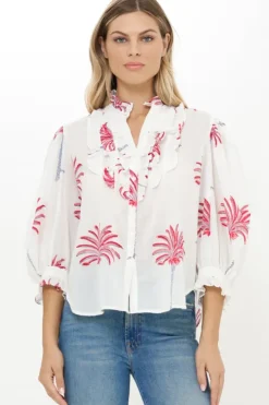 New Ruffle Front Button Blouse- Canary Coral Tops