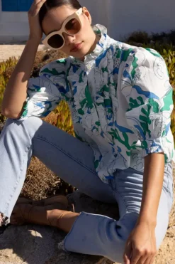 Clearance Ruffle Front Button Blouse- Orchid Green Tops