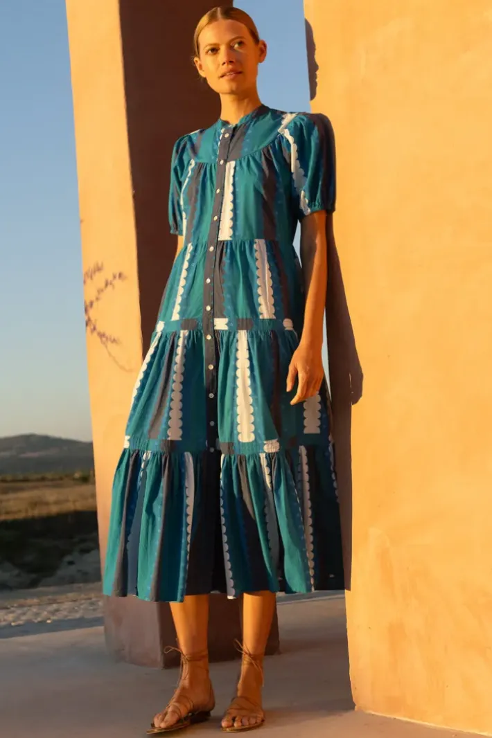 Clearance Scoop Tiered Midi- Meko Blue Dresses