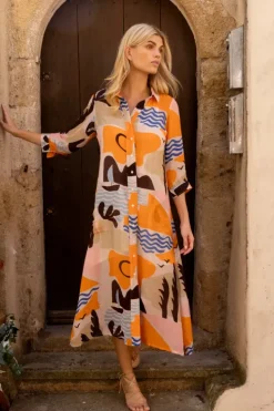 Clearance Shirt Dress Midi- Riviera Orange Midis|Dresses