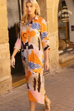 Clearance Shirt Dress Midi- Riviera Orange Midis|Dresses