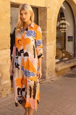 Clearance Shirt Dress Midi- Riviera Orange Midis|Dresses
