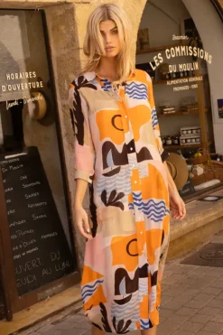 Clearance Shirt Dress Midi- Riviera Orange Midis|Dresses