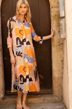 Clearance Shirt Dress Midi- Riviera Orange Midis|Dresses