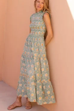 New Sleeveless Smocked Maxi- Mughal Green Maxis|Dresses