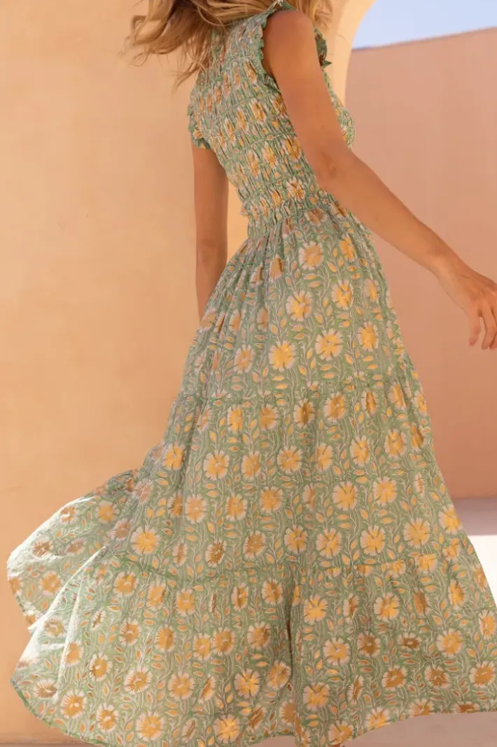 New Sleeveless Smocked Maxi- Mughal Green Maxis|Dresses