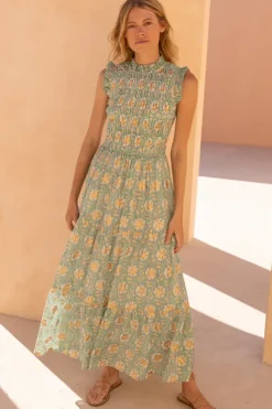 New Sleeveless Smocked Maxi- Mughal Green Maxis|Dresses