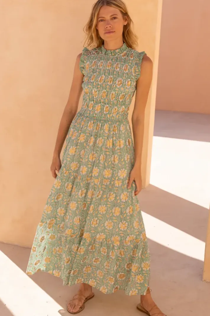 New Sleeveless Smocked Maxi- Mughal Green Maxis|Dresses