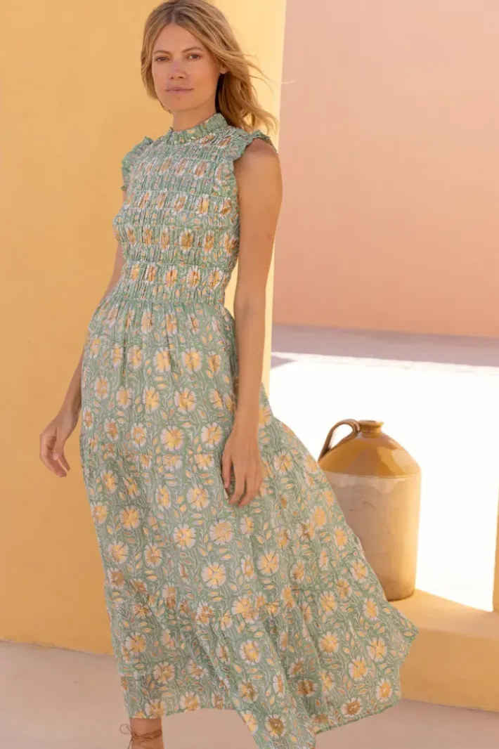 New Sleeveless Smocked Maxi- Mughal Green Maxis|Dresses