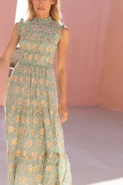 New Sleeveless Smocked Maxi- Mughal Green Maxis|Dresses