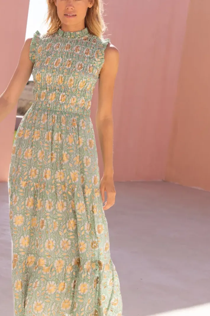 New Sleeveless Smocked Maxi- Mughal Green Maxis|Dresses