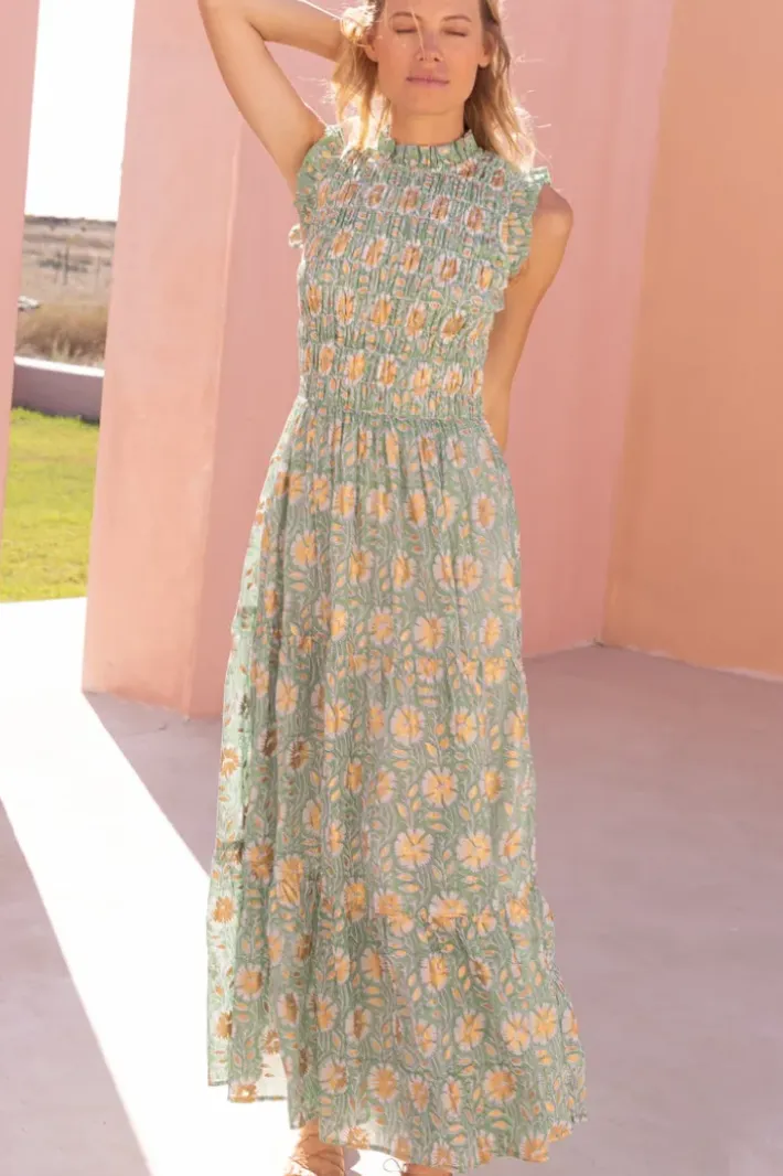 New Sleeveless Smocked Maxi- Mughal Green Maxis|Dresses