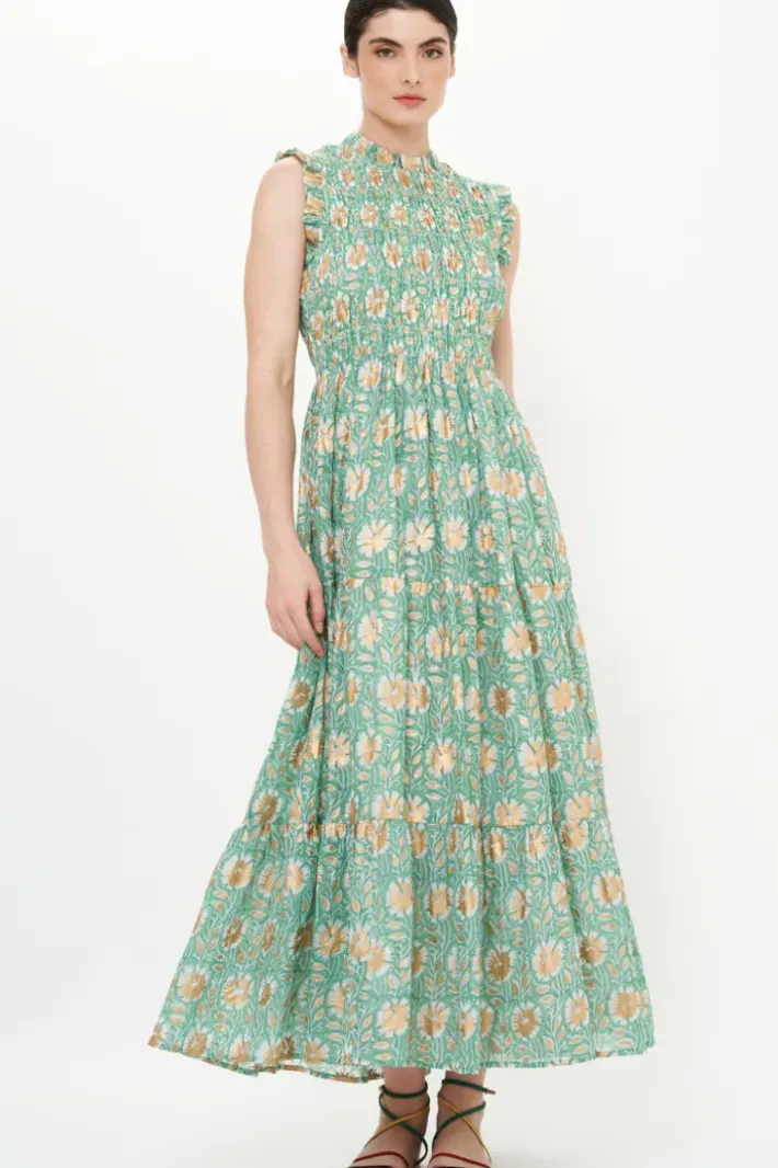 New Sleeveless Smocked Maxi- Mughal Green Maxis|Dresses