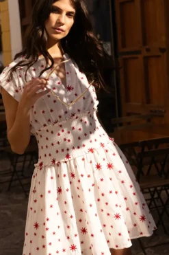 Best Smocked Waist Roll Sleeve- Ellsworth Red Short & Mini Dresses|Dresses
