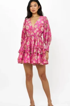 New Smocked Waist V-Neck Mini- Presidio Magenta Short & Mini Dresses
