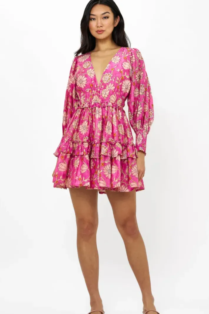 New Smocked Waist V-Neck Mini- Presidio Magenta Short & Mini Dresses
