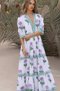 Online V-Neck Cuffed Maxi- Bloom Lilac Maxis|Dresses