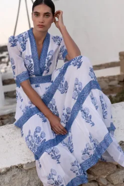 Clearance V-Neck Cuffed Maxi- Salvia Blue Maxis|Dresses