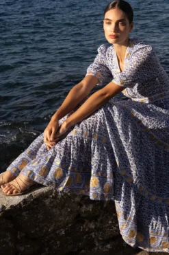Hot V-Neck Cuffed Maxi- Veranda Blue Maxis|Dresses