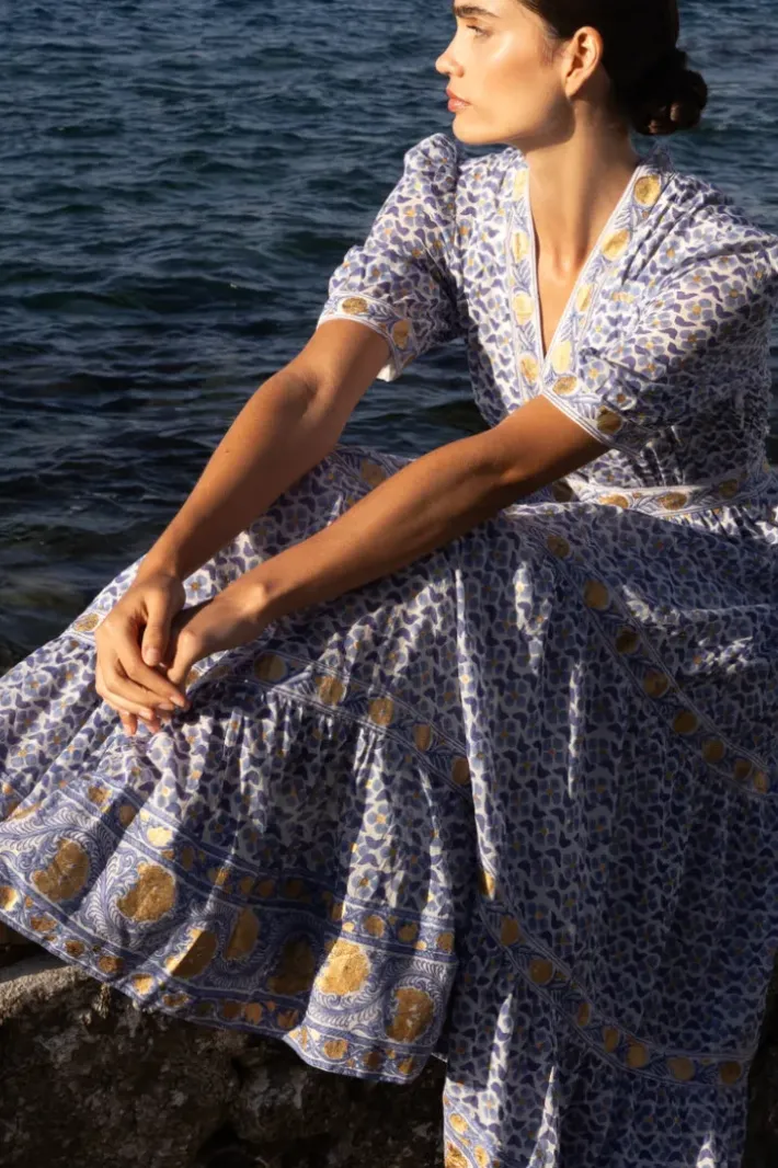 Hot V-Neck Cuffed Maxi- Veranda Blue Maxis|Dresses