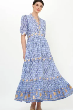 Hot V-Neck Cuffed Maxi- Veranda Blue Maxis|Dresses