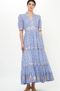 Hot V-Neck Cuffed Maxi- Veranda Blue Maxis|Dresses