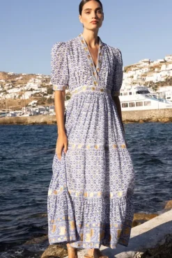 Hot V-Neck Cuffed Maxi- Veranda Blue Maxis|Dresses