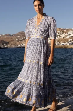 Hot V-Neck Cuffed Maxi- Veranda Blue Maxis|Dresses