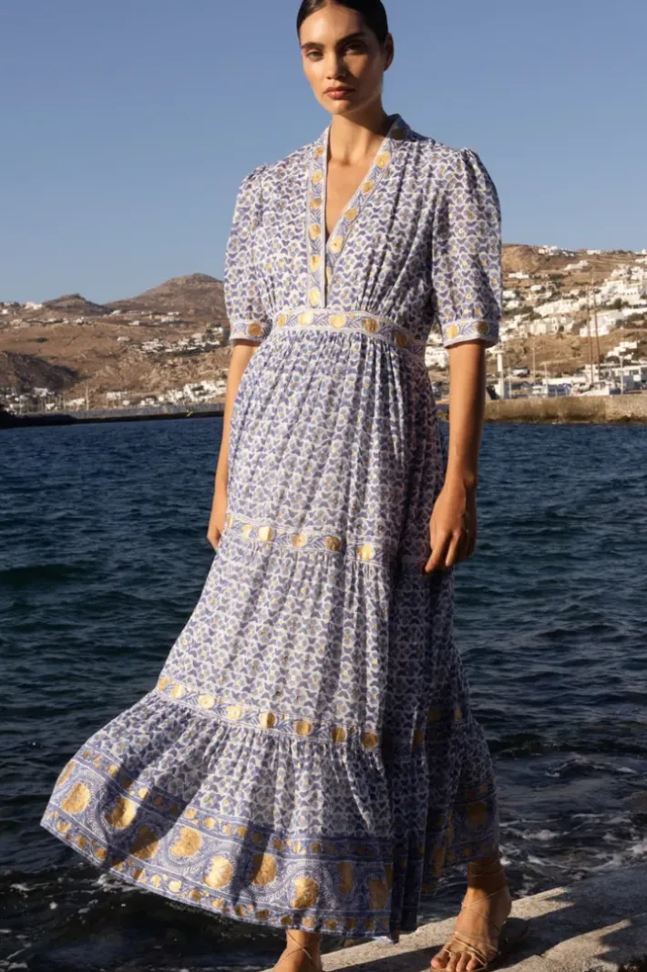 Hot V-Neck Cuffed Maxi- Veranda Blue Maxis|Dresses