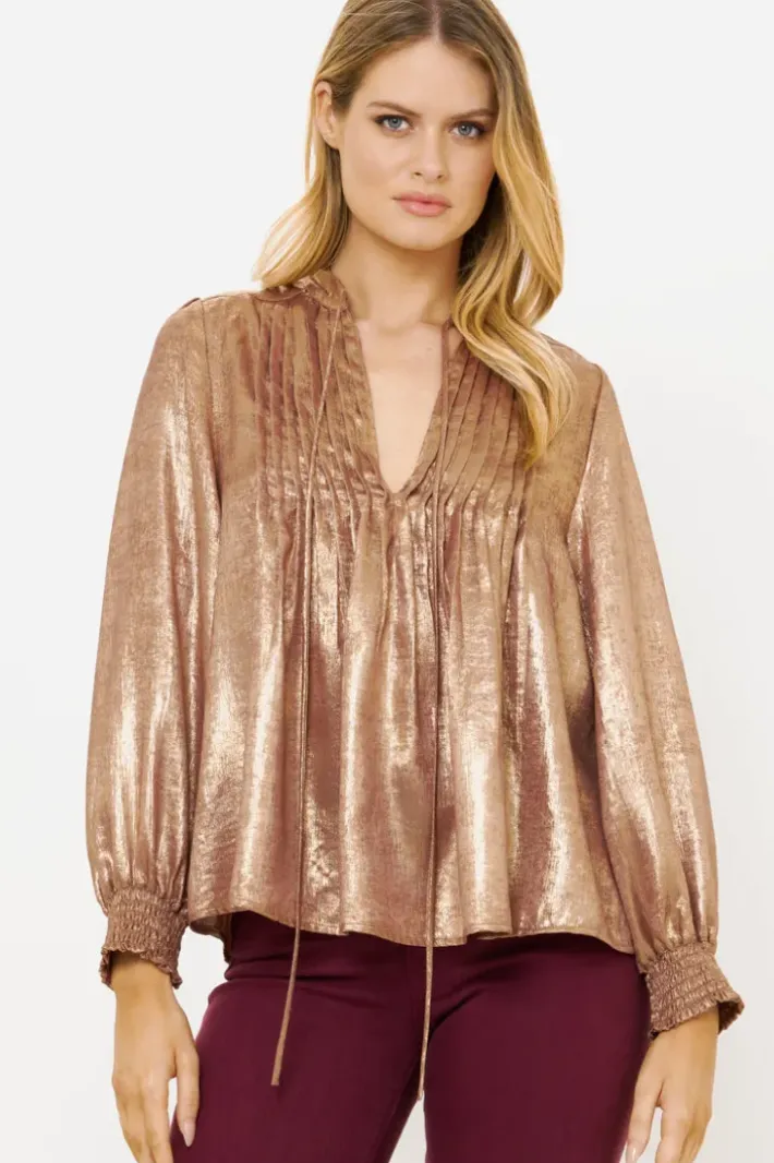 Hot V-Neck Pintuck Blouse- Cairo Gold Tops