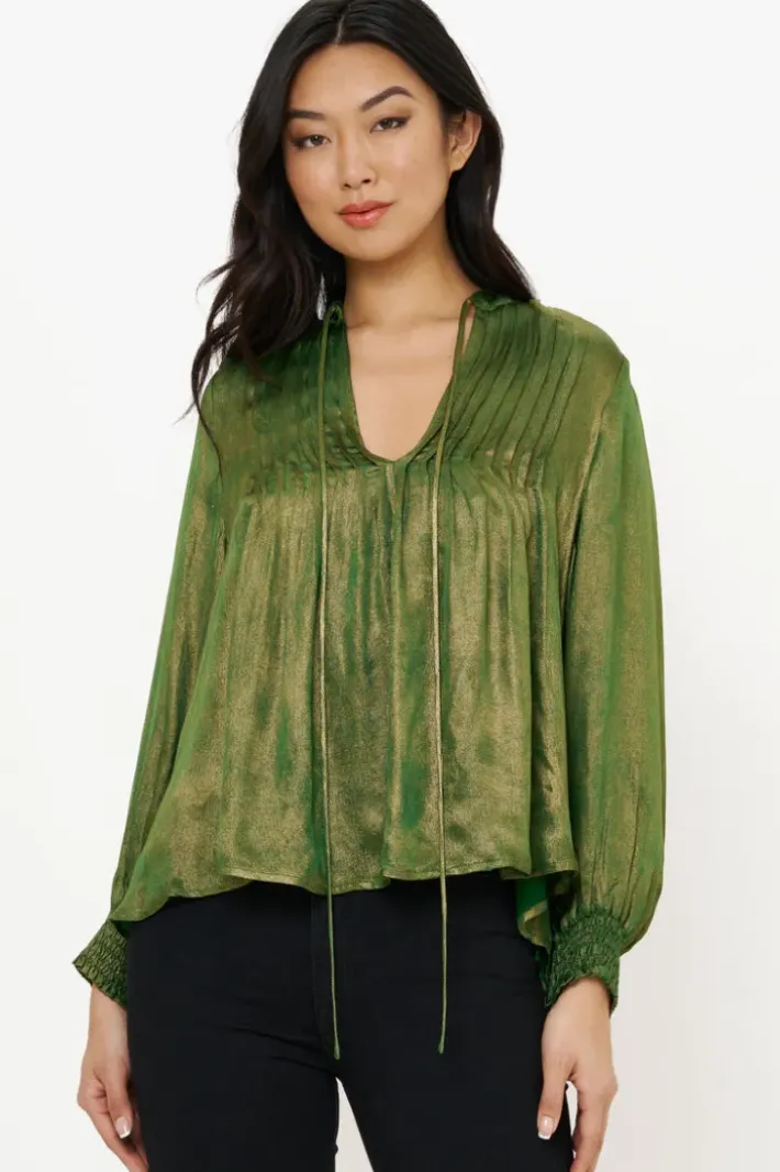 Hot V-Neck Pintuck Blouse- Cairo Green Tops