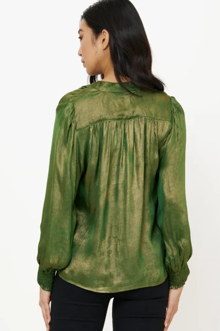 Hot V-Neck Pintuck Blouse- Cairo Green Tops