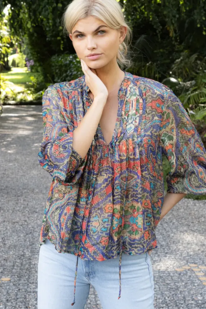 Discount V-Neck Pintuck Blouse- Persia Cobalt Tops