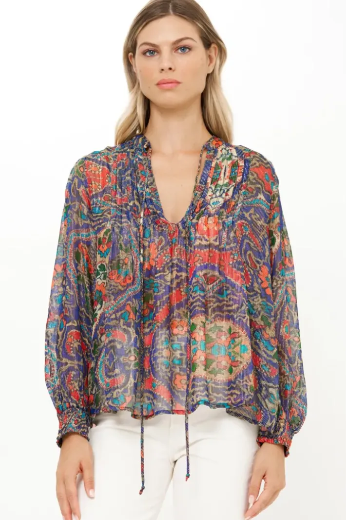 Discount V-Neck Pintuck Blouse- Persia Cobalt Tops