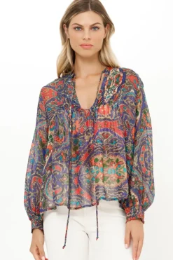 Discount V-Neck Pintuck Blouse- Persia Cobalt Tops