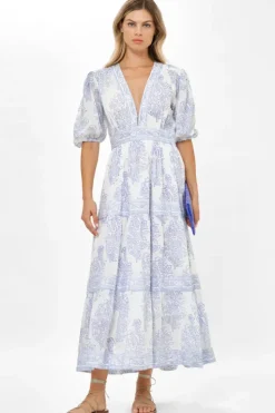 V-Neck Puff Maxi- Amadora Blue Maxis|Dresses